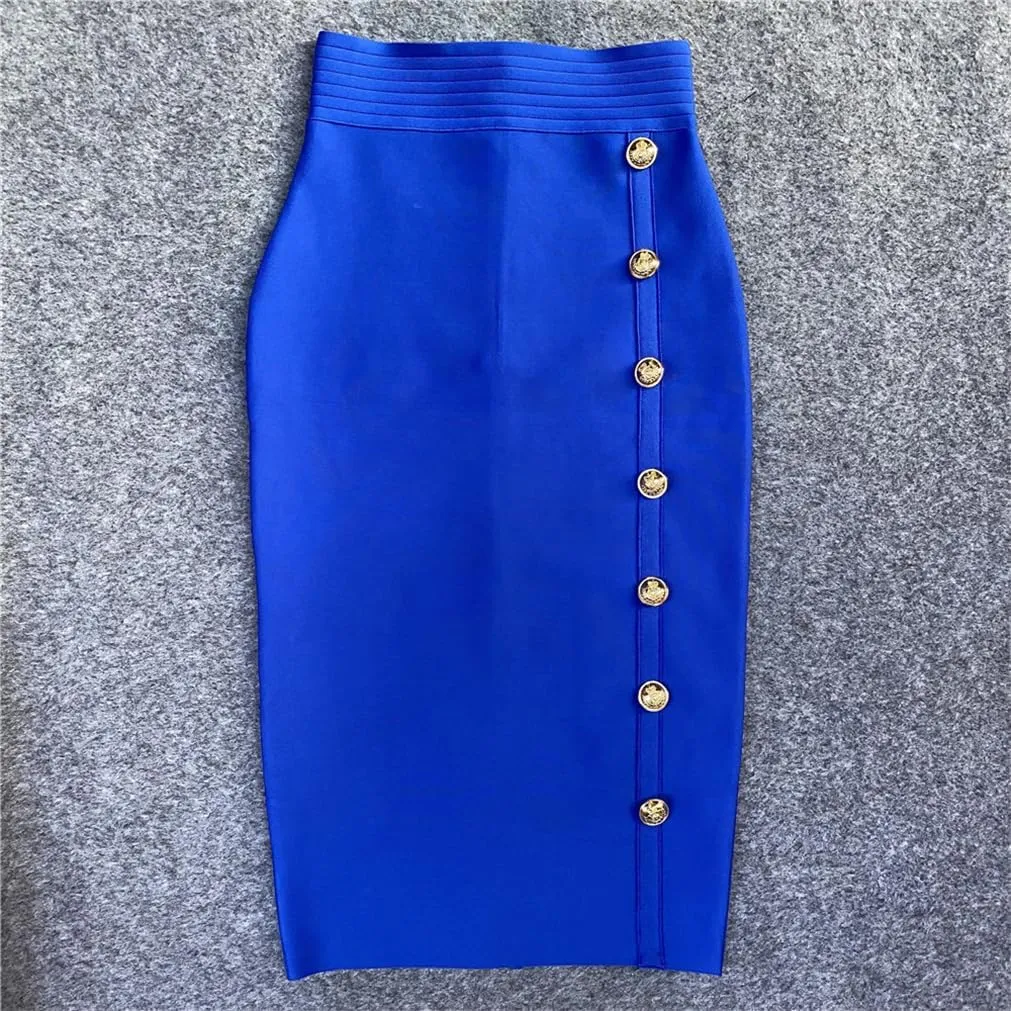 Sorrica Women's Elastic Waist Stretch Midi Pencil Skirt Bodycon Button Decor Skirts with Back Slit