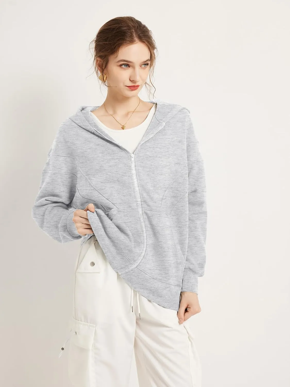 TAKEYAL Women Hoodies Sweatshirt Long Sleeve Zip Up Oversized Fall Jackets Casual Trendy Top soild