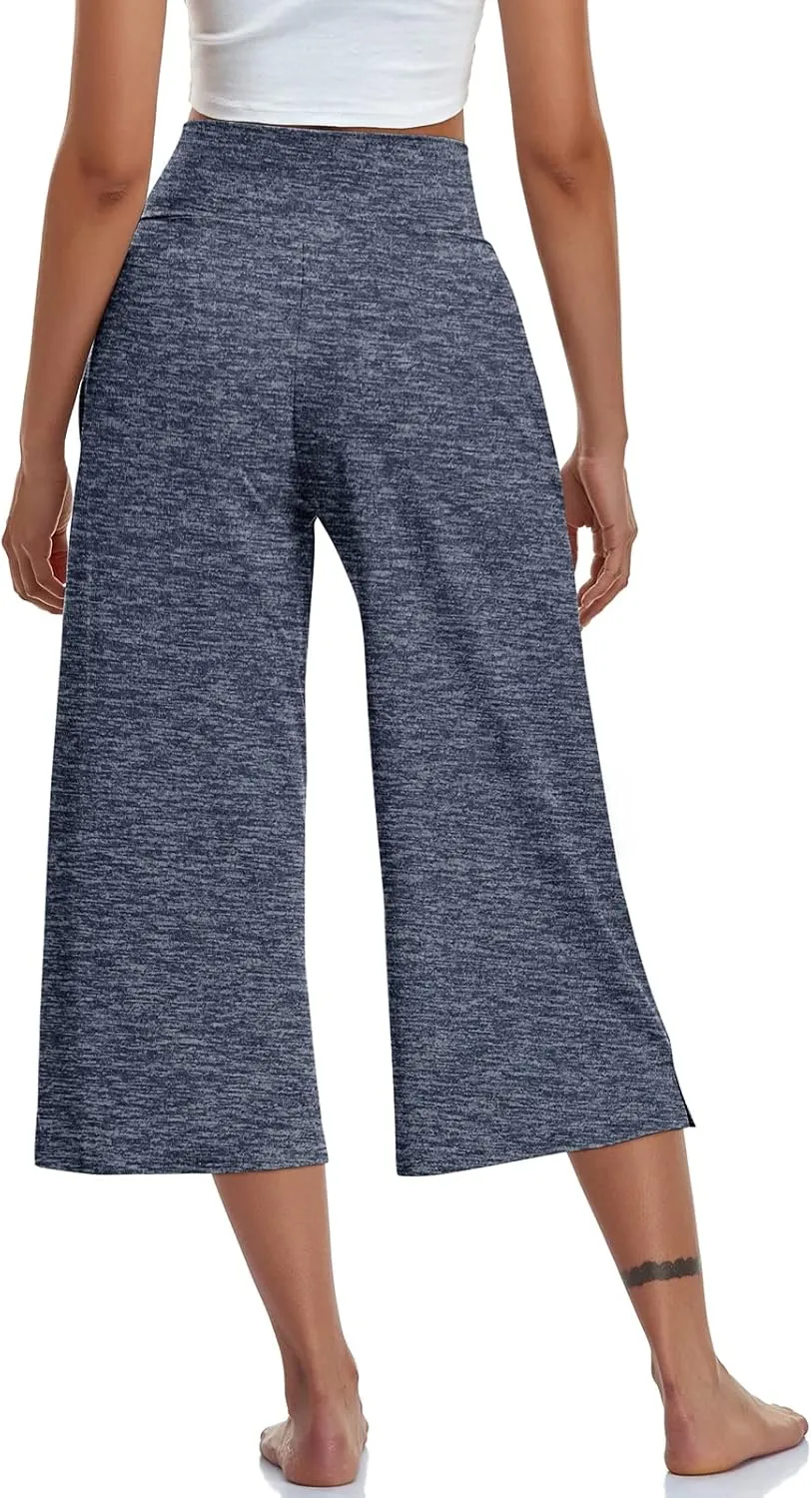 TARSE Womens Casual Wide Leg Yoga Capris Crossover High Waist Capri Pants Loose Soft Pajama Pockets Sweatpants