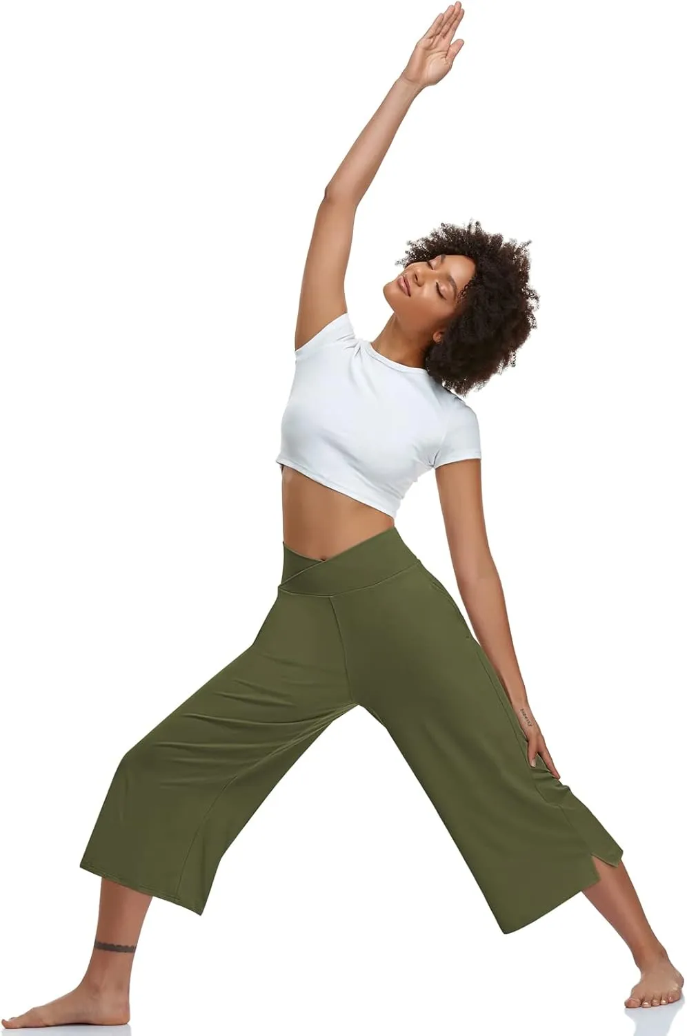 TARSE Womens Casual Wide Leg Yoga Capris Crossover High Waist Capri Pants Loose Soft Pajama Pockets Sweatpants