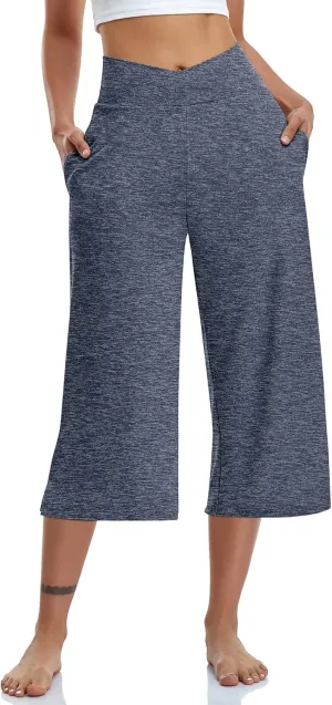 TARSE Womens Casual Wide Leg Yoga Capris Crossover High Waist Capri Pants Loose Soft Pajama Pockets Sweatpants