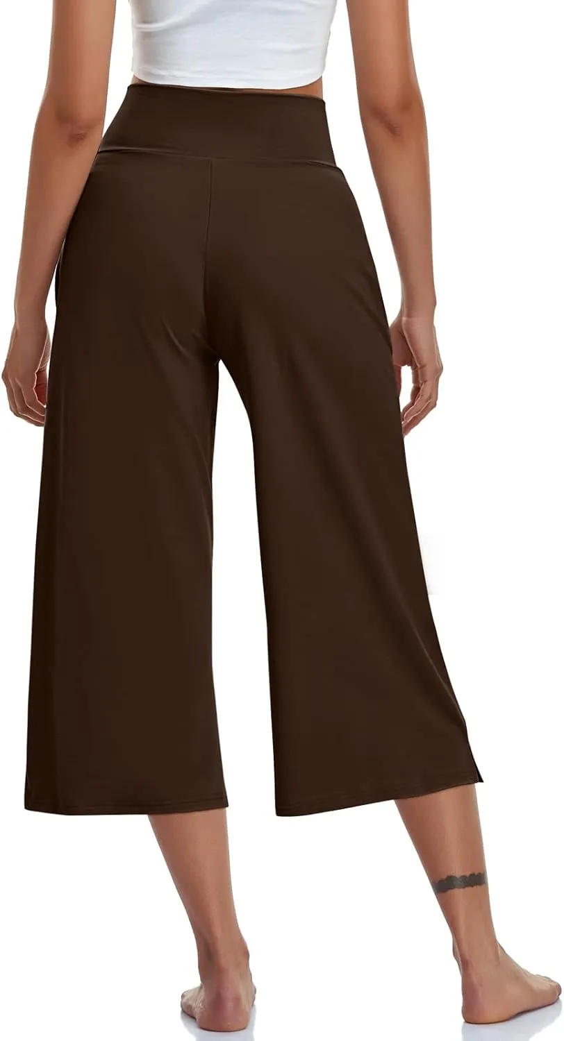 TARSE Womens Casual Wide Leg Yoga Capris Crossover High Waist Capri Pants Loose Soft Pajama Pockets Sweatpants
