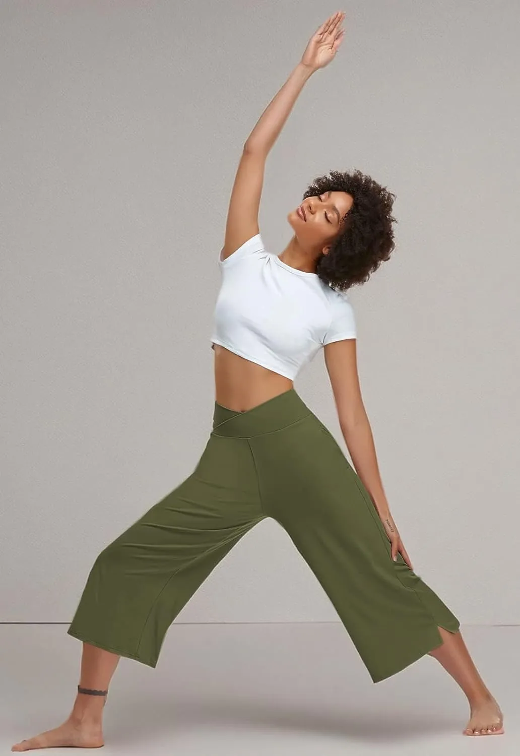 TARSE Womens Casual Wide Leg Yoga Capris Crossover High Waist Capri Pants Loose Soft Pajama Pockets Sweatpants