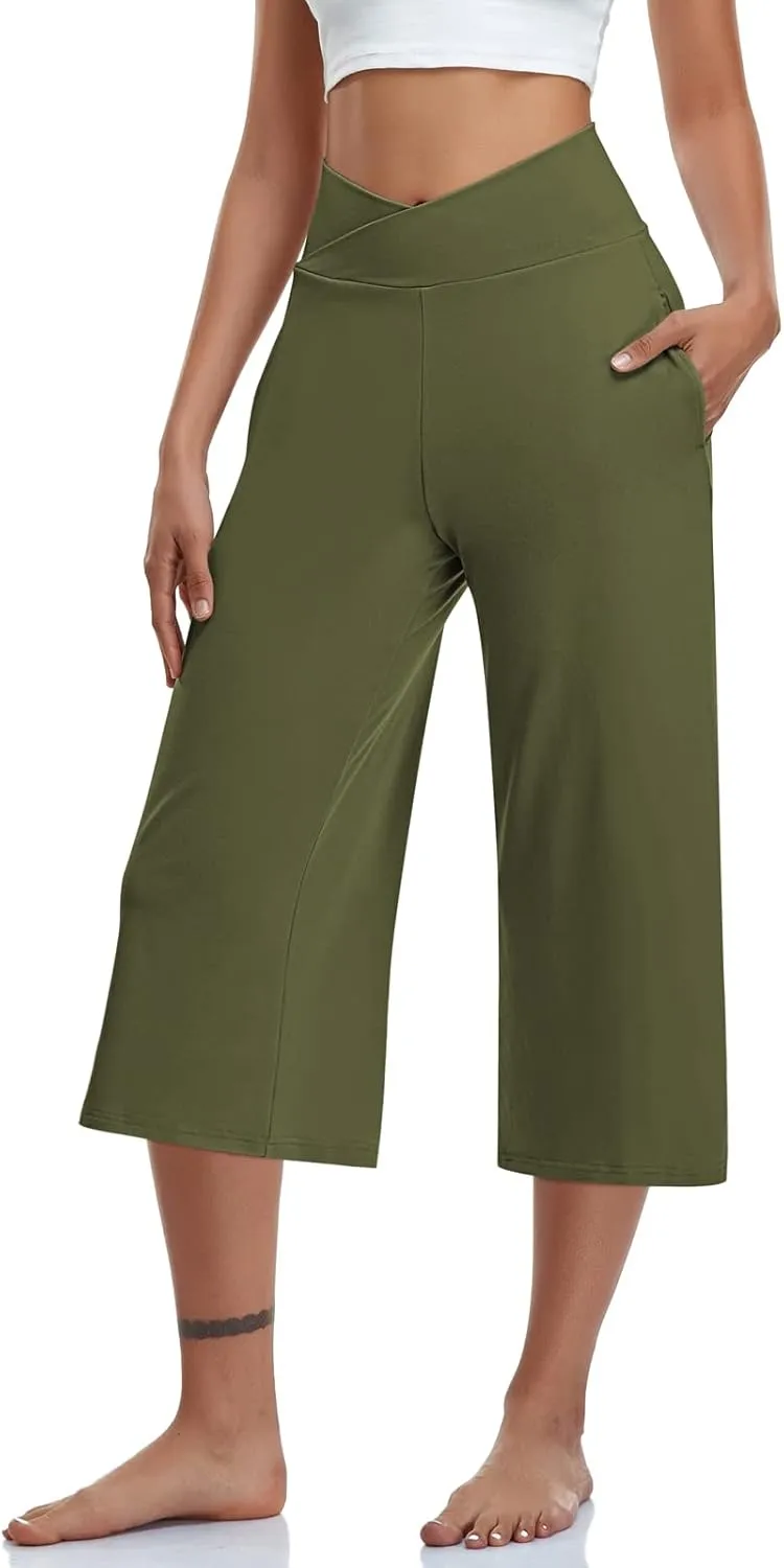 TARSE Womens Casual Wide Leg Yoga Capris Crossover High Waist Capri Pants Loose Soft Pajama Pockets Sweatpants