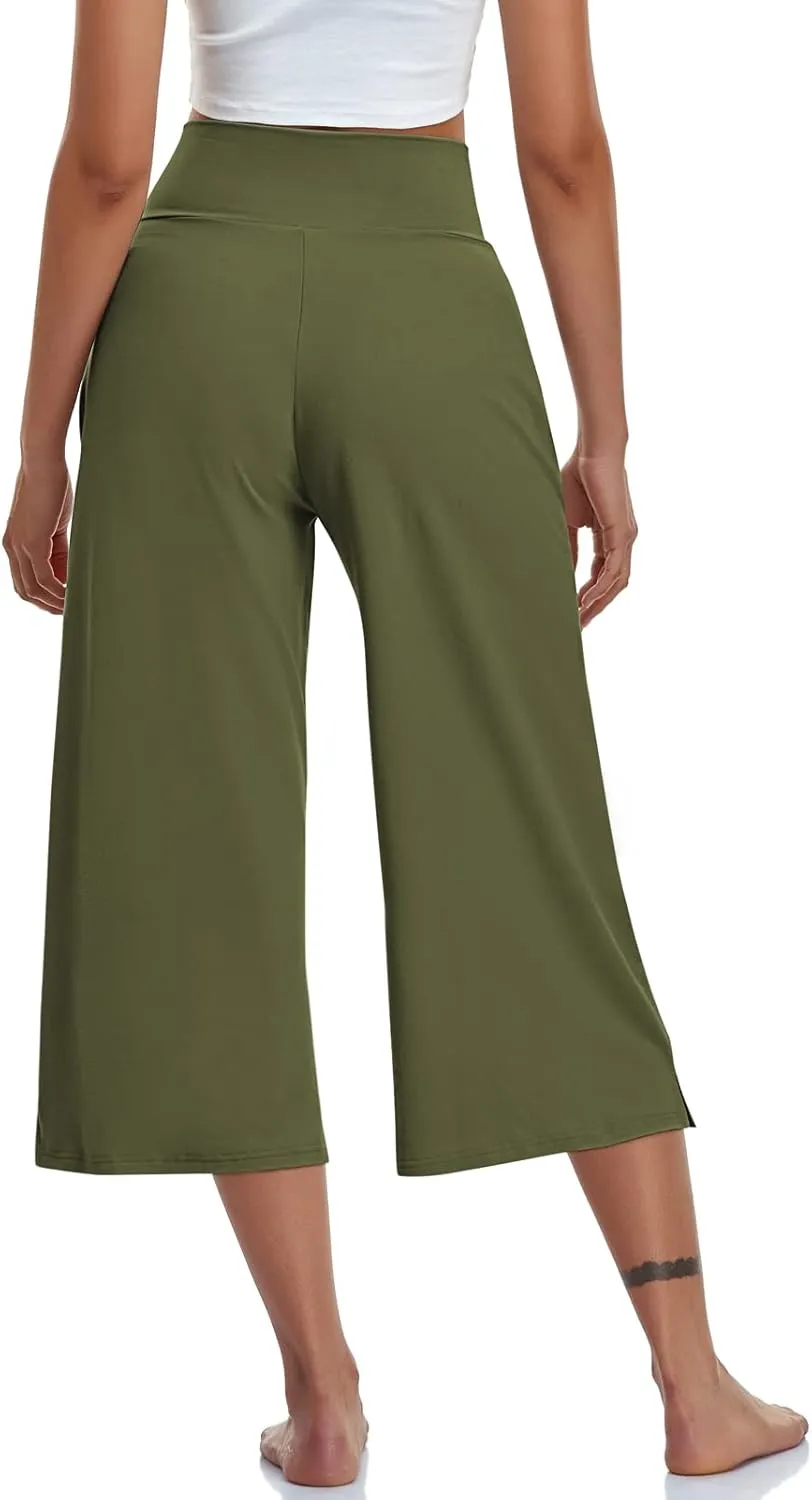 TARSE Womens Casual Wide Leg Yoga Capris Crossover High Waist Capri Pants Loose Soft Pajama Pockets Sweatpants