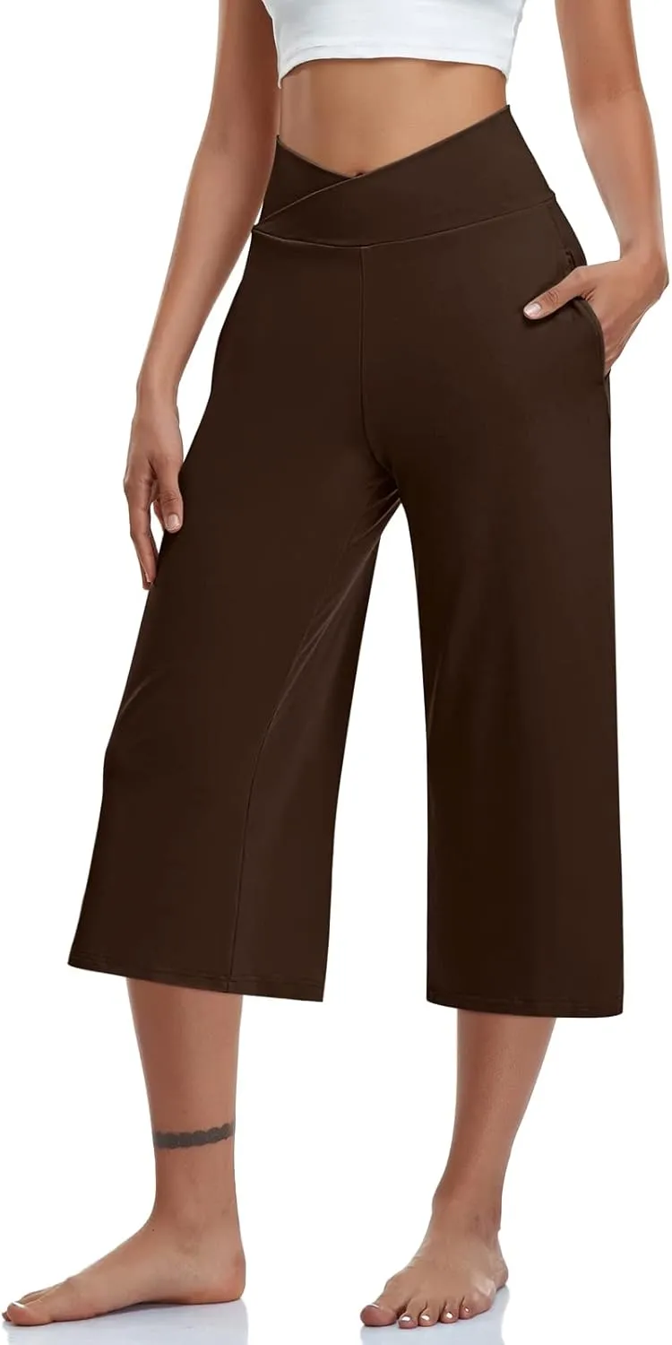 TARSE Womens Casual Wide Leg Yoga Capris Crossover High Waist Capri Pants Loose Soft Pajama Pockets Sweatpants