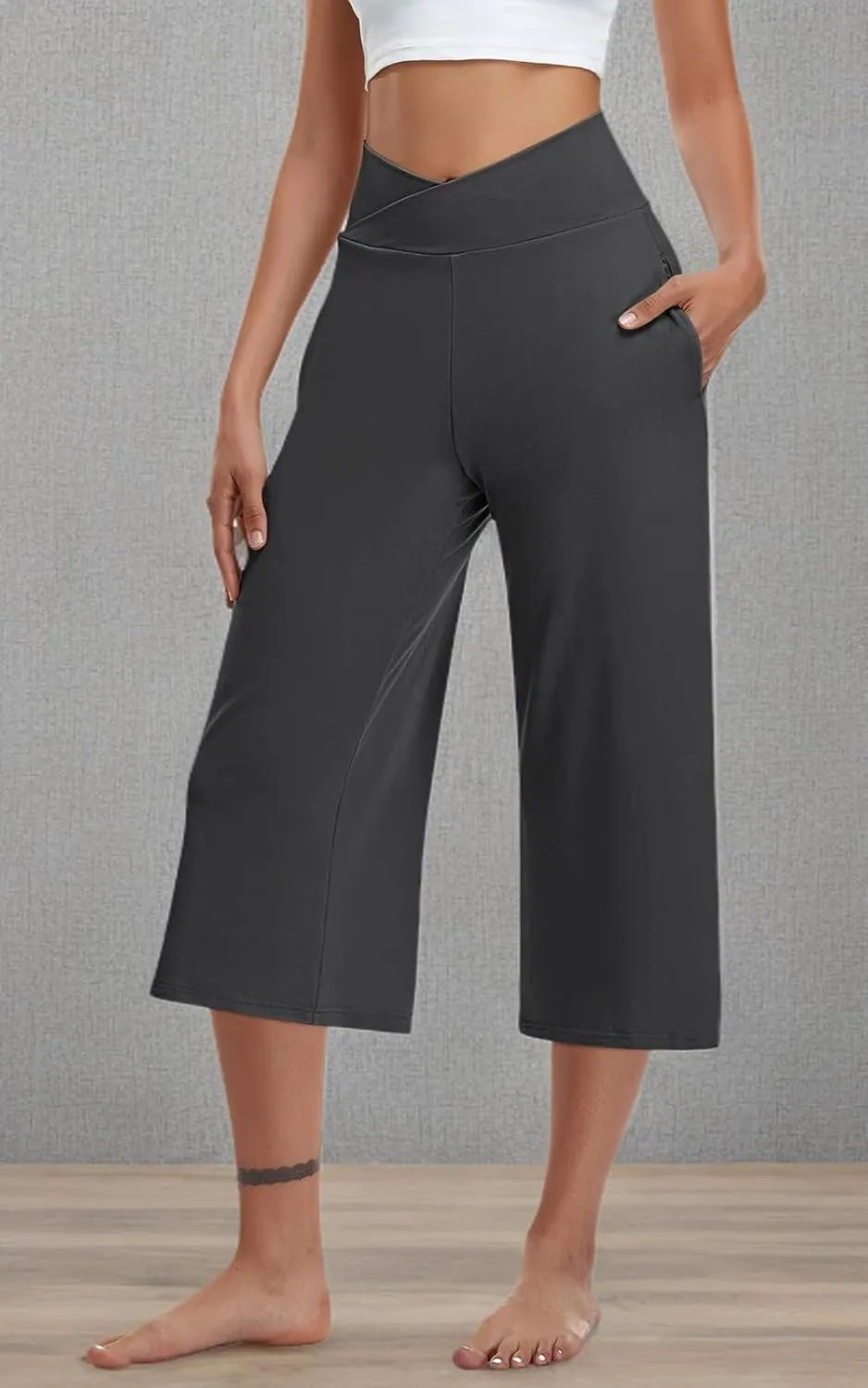 TARSE Womens Casual Wide Leg Yoga Capris Crossover High Waist Capri Pants Loose Soft Pajama Pockets Sweatpants