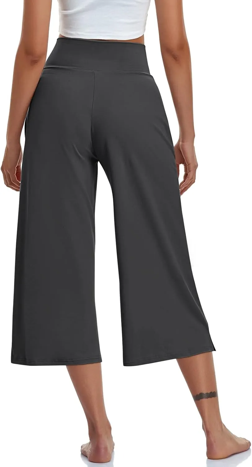 TARSE Womens Casual Wide Leg Yoga Capris Crossover High Waist Capri Pants Loose Soft Pajama Pockets Sweatpants