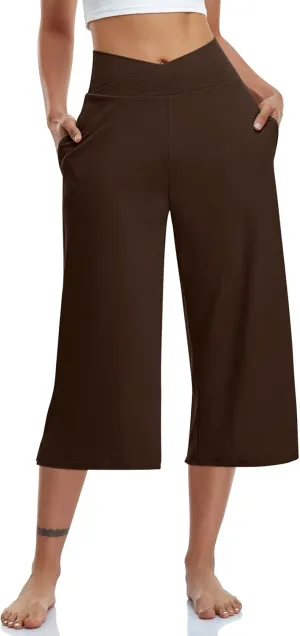 TARSE Womens Casual Wide Leg Yoga Capris Crossover High Waist Capri Pants Loose Soft Pajama Pockets Sweatpants