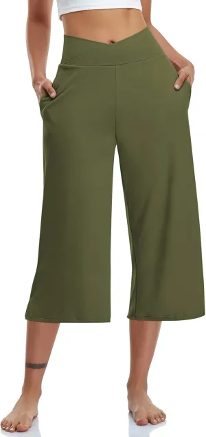 TARSE Womens Casual Wide Leg Yoga Capris Crossover High Waist Capri Pants Loose Soft Pajama Pockets Sweatpants