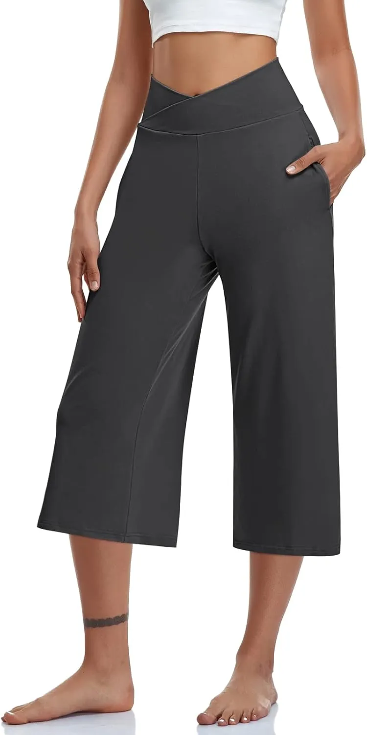 TARSE Womens Casual Wide Leg Yoga Capris Crossover High Waist Capri Pants Loose Soft Pajama Pockets Sweatpants