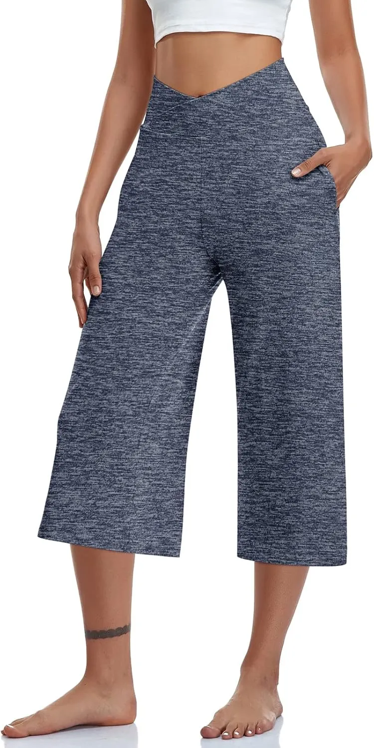 TARSE Womens Casual Wide Leg Yoga Capris Crossover High Waist Capri Pants Loose Soft Pajama Pockets Sweatpants