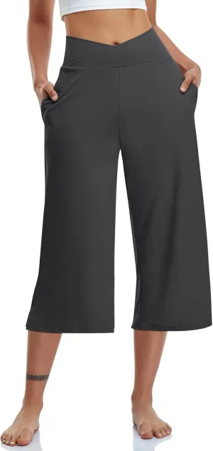 TARSE Womens Casual Wide Leg Yoga Capris Crossover High Waist Capri Pants Loose Soft Pajama Pockets Sweatpants