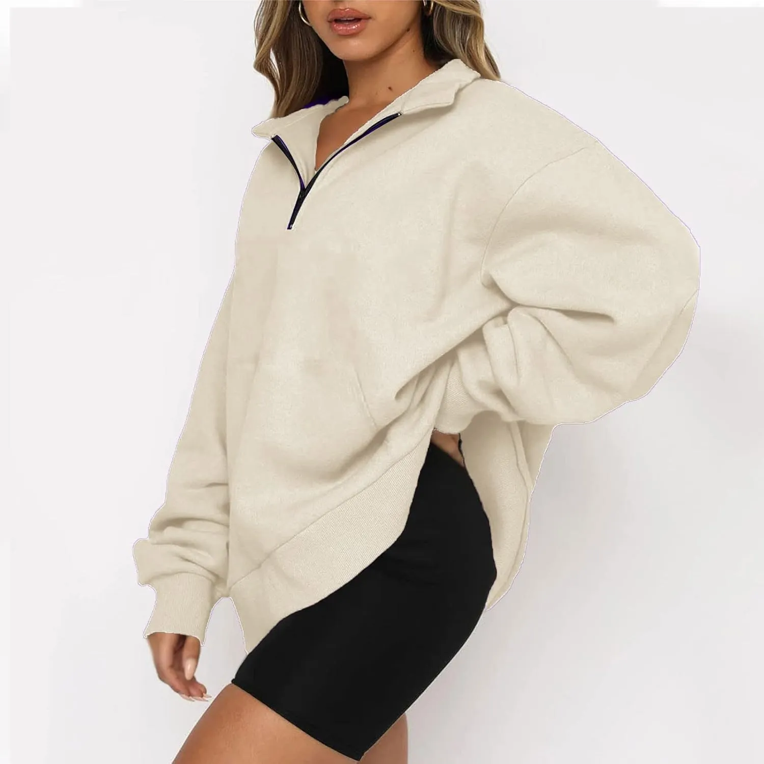 Women Half Zip Oversized Sweatshirts Long Sleeve Solid Color Hoodie Lightweight Drop Shoulder Fleece Pullover Tops
