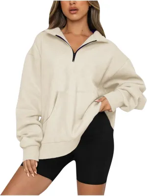 Women Half Zip Oversized Sweatshirts Long Sleeve Solid Color Hoodie Lightweight Drop Shoulder Fleece Pullover Tops