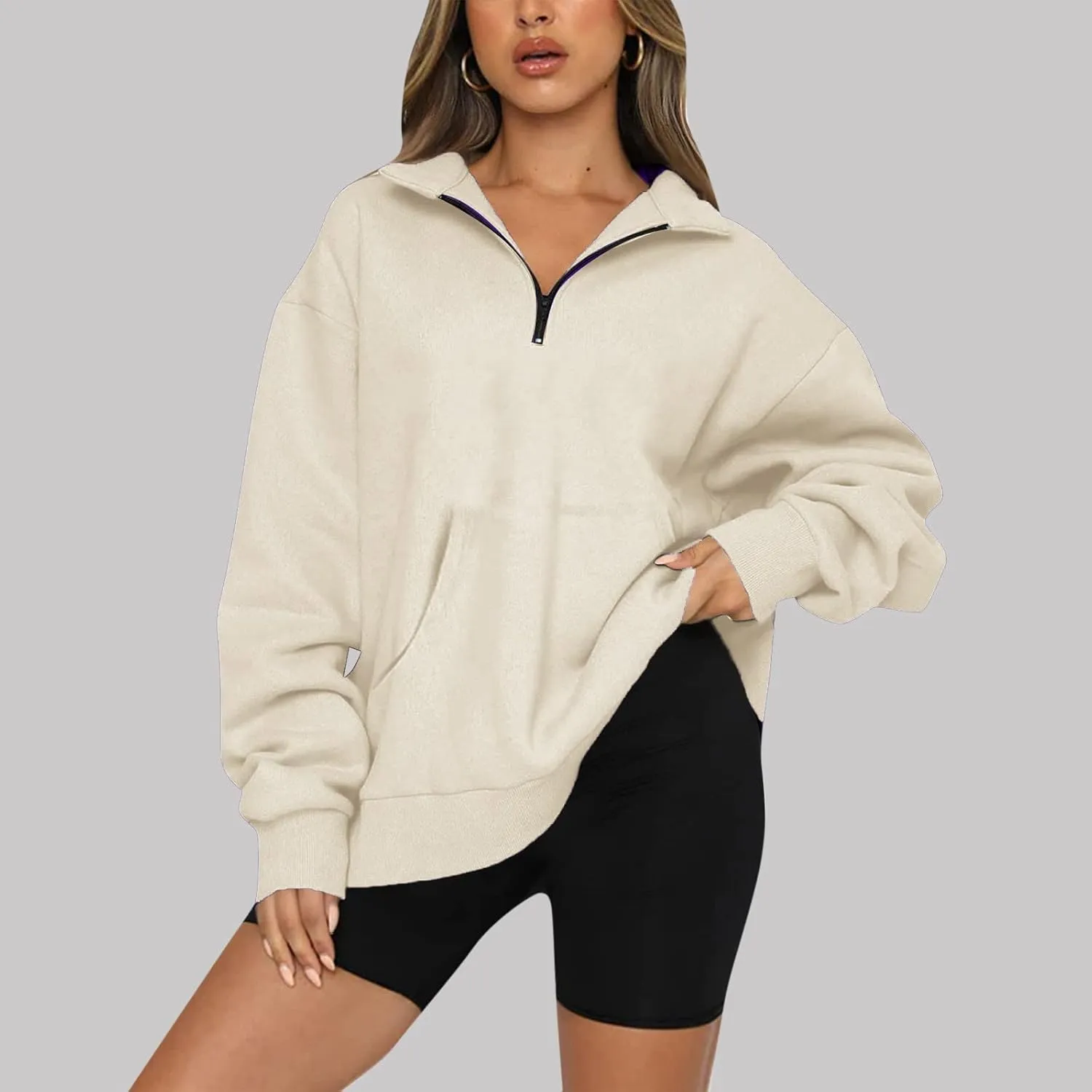 Women Half Zip Oversized Sweatshirts Long Sleeve Solid Color Hoodie Lightweight Drop Shoulder Fleece Pullover Tops