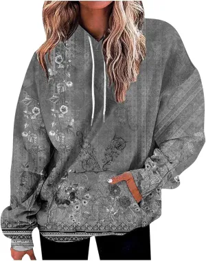 Women Oversized Hooded Sweatshirts Fashion Printed Pocket Long Sleeve Blouse Casual Tops Sweatershirt Y2K Hoodies