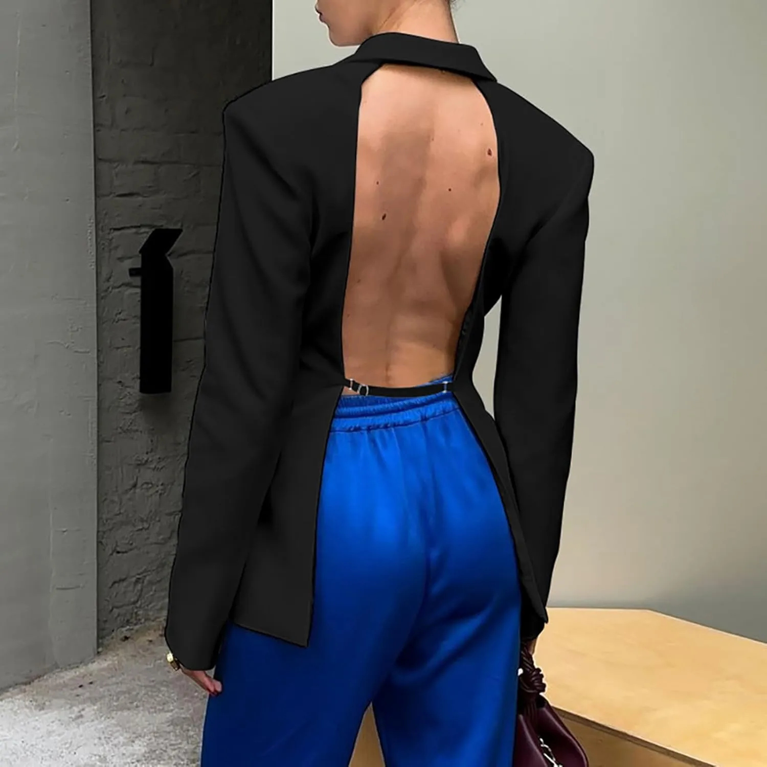 Women Sexy Casual Blazers Trendy Long Sleeve Backless Lightweight One Button Work Office Blazer Jackets
