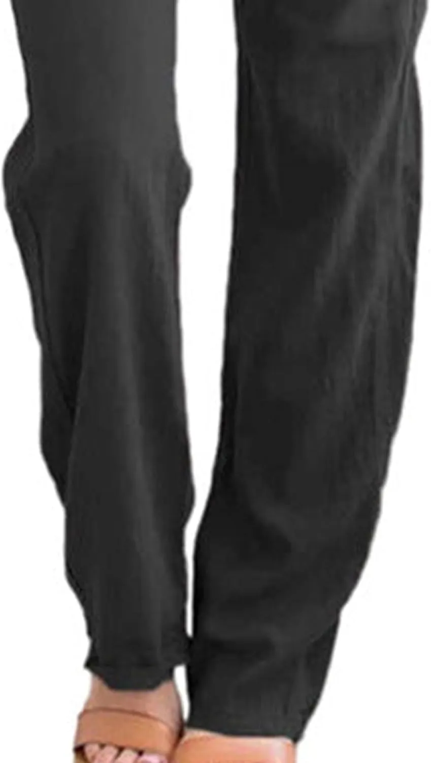 Womens Casual Soft Linen High Waist Pants Drawstring Loose Fit Spring Summer Pants Trousers with Side Pockets