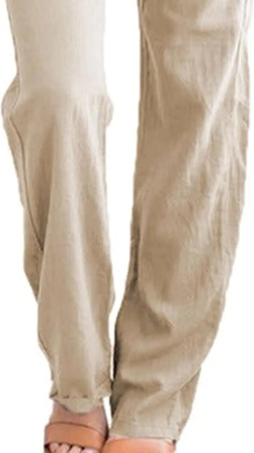 Womens Casual Soft Linen High Waist Pants Drawstring Loose Fit Spring Summer Pants Trousers with Side Pockets