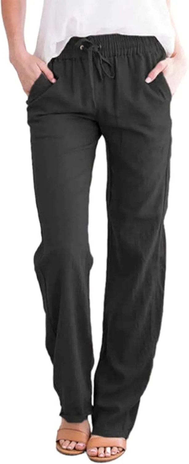 Womens Casual Soft Linen High Waist Pants Drawstring Loose Fit Spring Summer Pants Trousers with Side Pockets