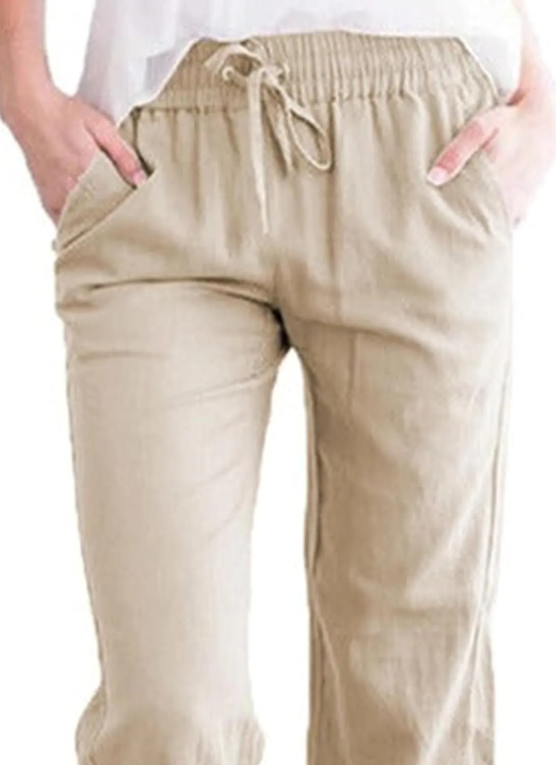 Womens Casual Soft Linen High Waist Pants Drawstring Loose Fit Spring Summer Pants Trousers with Side Pockets