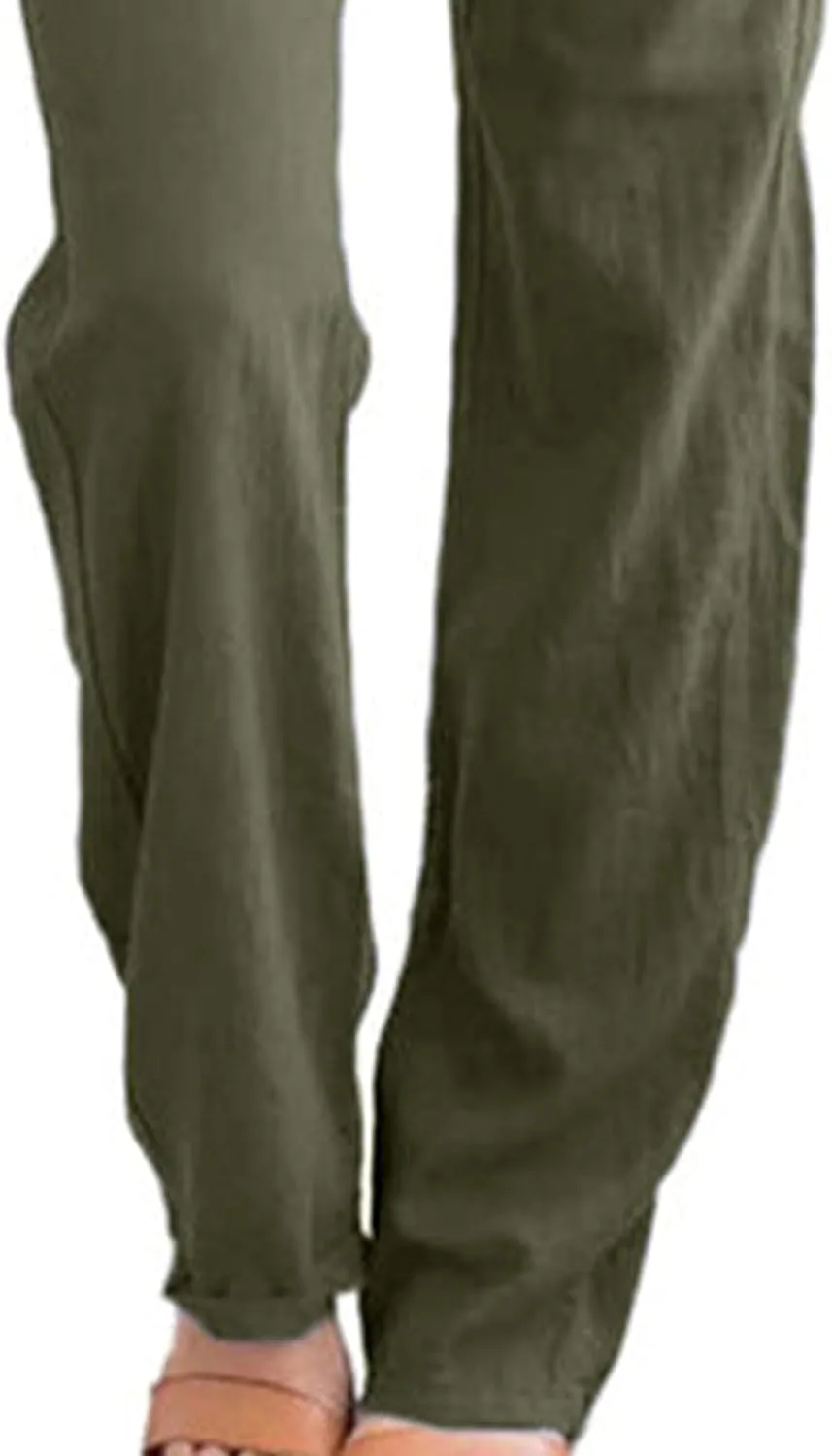 Womens Casual Soft Linen High Waist Pants Drawstring Loose Fit Spring Summer Pants Trousers with Side Pockets