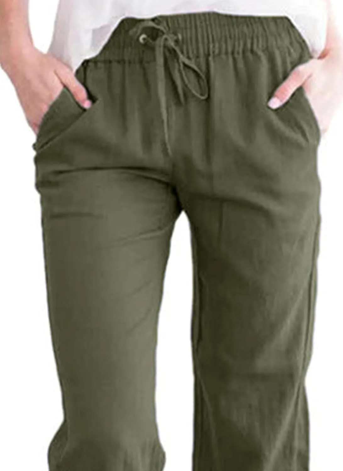 Womens Casual Soft Linen High Waist Pants Drawstring Loose Fit Spring Summer Pants Trousers with Side Pockets
