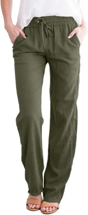 Womens Casual Soft Linen High Waist Pants Drawstring Loose Fit Spring Summer Pants Trousers with Side Pockets