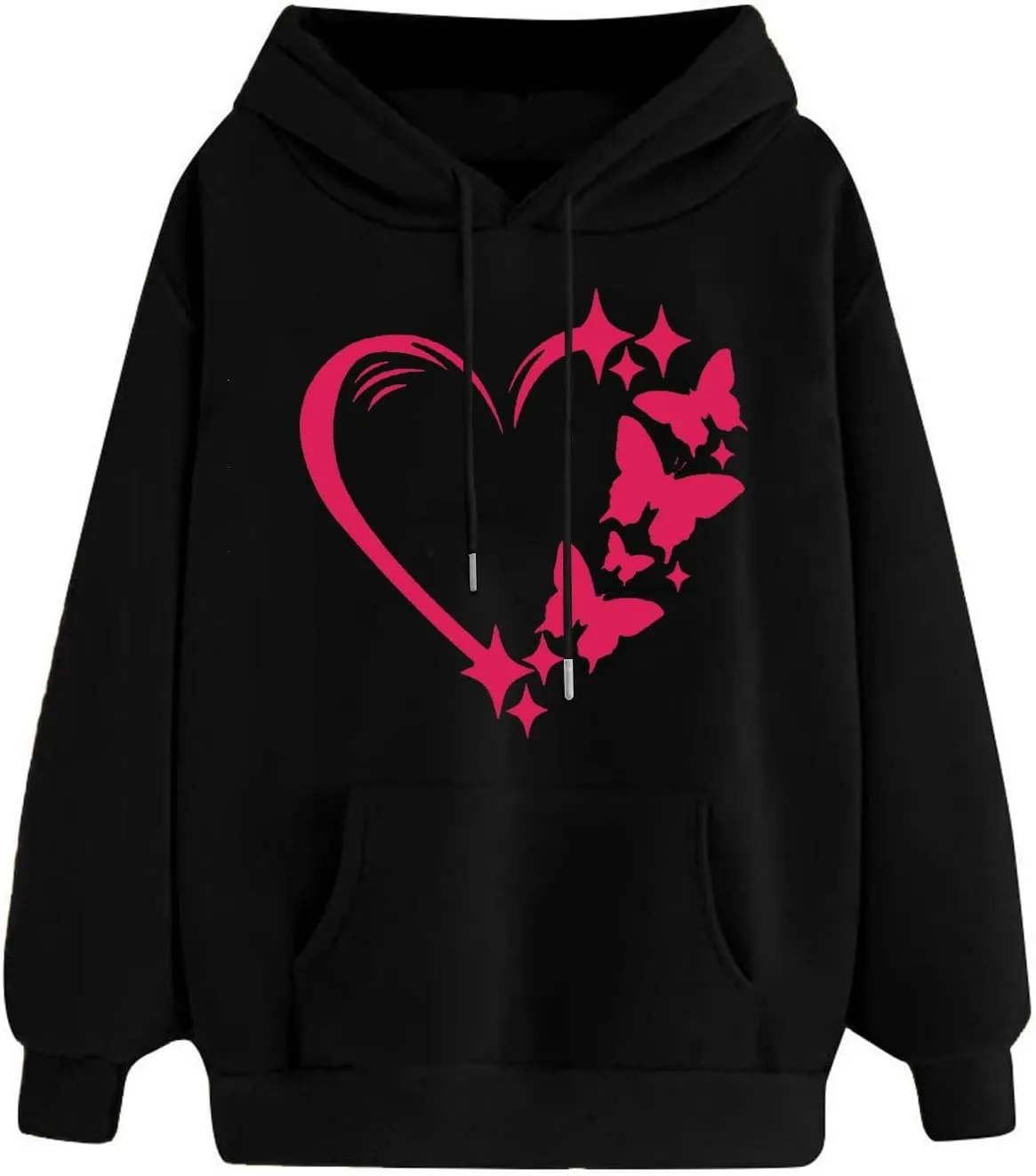 Womens Fashion Graphic Hoodies Long Sleeve Heart Print Drawstring Pocket Loose Fitted Casual Sweatshirt Pullover Tops