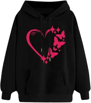 Womens Fashion Graphic Hoodies Long Sleeve Heart Print Drawstring Pocket Loose Fitted Casual Sweatshirt Pullover Tops
