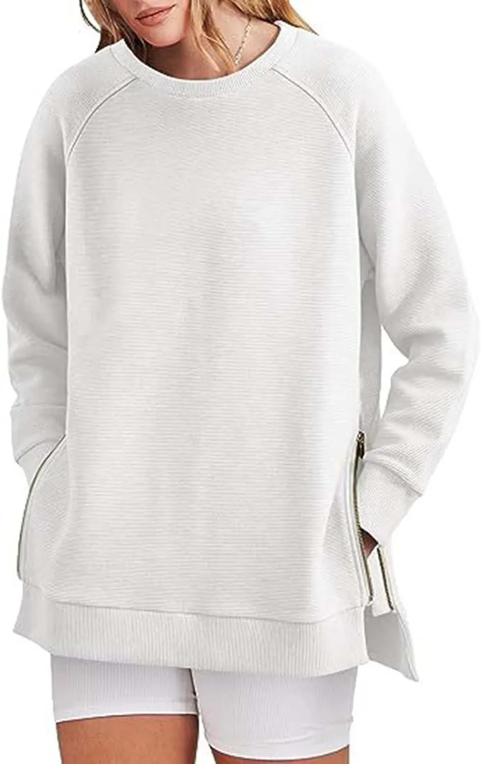 Womens Oversized Sweatshirt Crewneck Long Sleeve Tunic Pollover Side Zipper Hoodie Sweater 2024 Fall Clothes