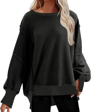 Womens Oversized Sweatshirts with Side Slit Soft Crew Neck Pullover Long Sleeve Tops Black XL