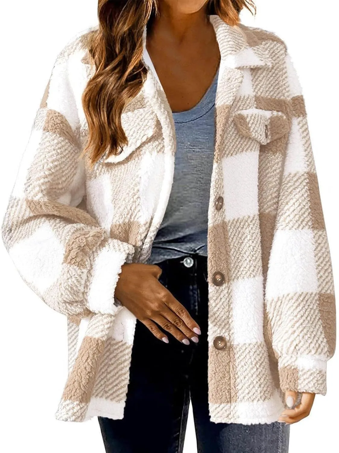 Womens Plaid Fleece Shacket Jacket Oversized Trendy Plaid Flannel Jacket Button Down Fall Winter Warm Hoodie Coat Cardigan
