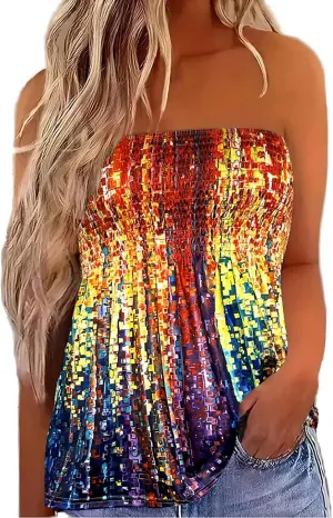 Womens Strapless Smocked Tube Top Soft Stretchy Pleated Bandeau Tank Sexy Sleeveless Loose Summer Camis Tunic Tops