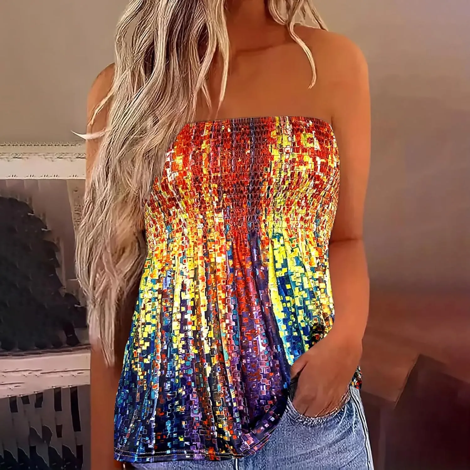 Womens Strapless Smocked Tube Top Soft Stretchy Pleated Bandeau Tank Sexy Sleeveless Loose Summer Camis Tunic Tops