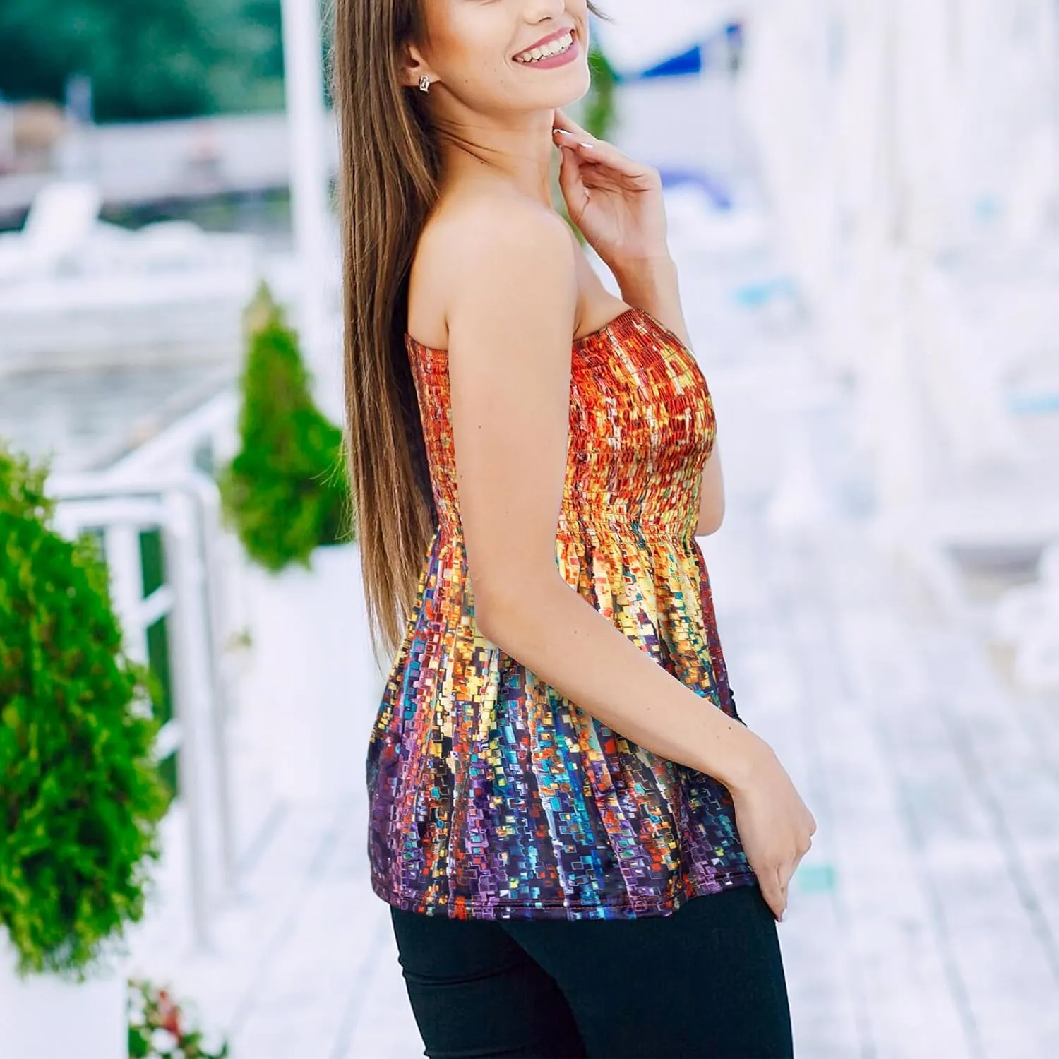 Womens Strapless Smocked Tube Top Soft Stretchy Pleated Bandeau Tank Sexy Sleeveless Loose Summer Camis Tunic Tops