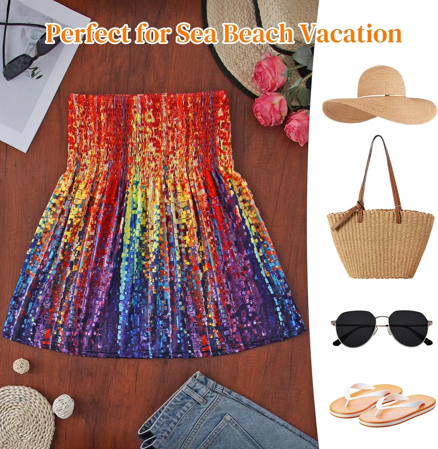 Womens Strapless Smocked Tube Top Soft Stretchy Pleated Bandeau Tank Sexy Sleeveless Loose Summer Camis Tunic Tops