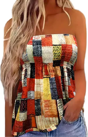 Womens Strapless Smocked Tube Top Soft Stretchy Pleated Bandeau Tank Sexy Sleeveless Loose Summer Camis Tunic Tops