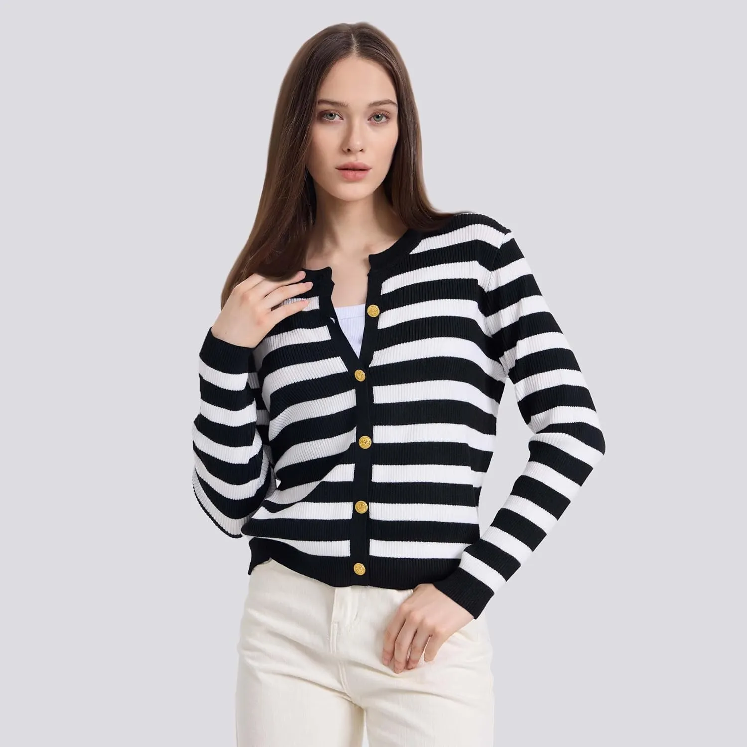 Women's Striped Cardigan Sweaters Lady Jackets Button Down Cropped Knit Coat Oufits Trendy Outerwear