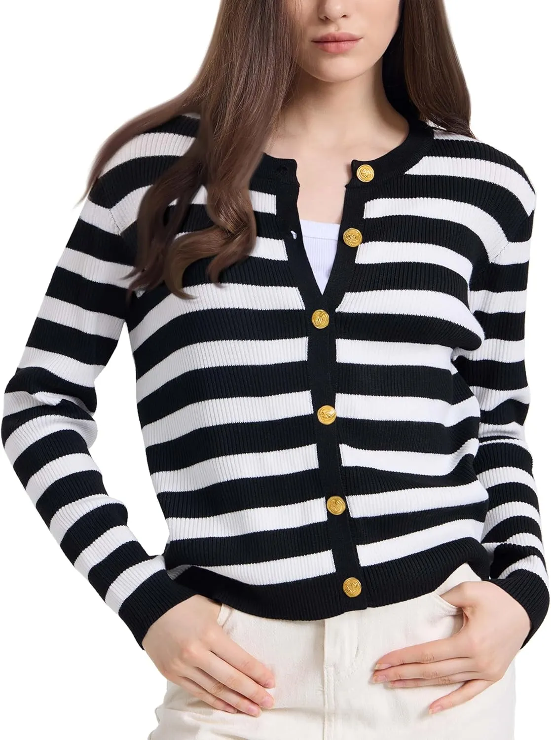 Women's Striped Cardigan Sweaters Lady Jackets Button Down Cropped Knit Coat Oufits Trendy Outerwear