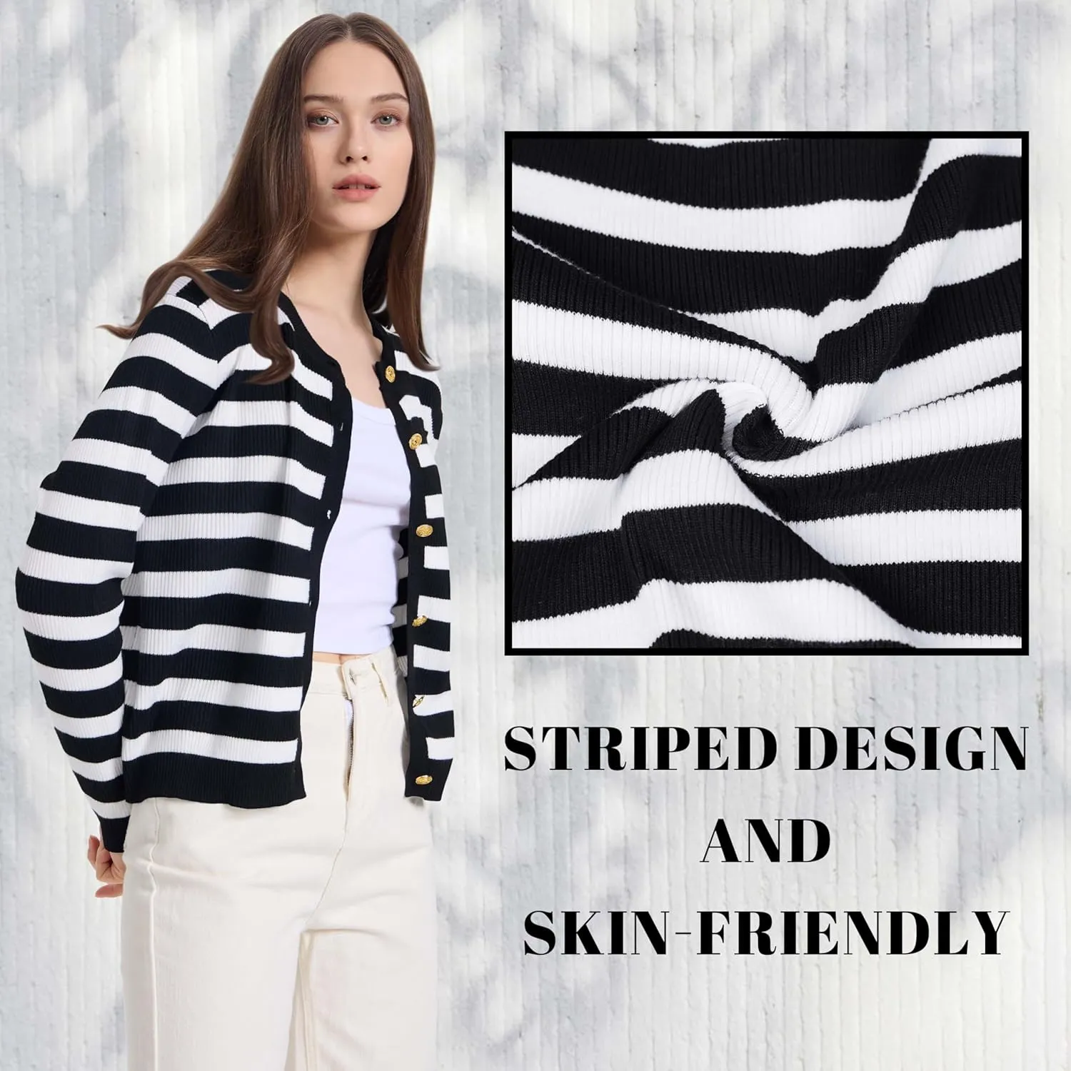 Women's Striped Cardigan Sweaters Lady Jackets Button Down Cropped Knit Coat Oufits Trendy Outerwear