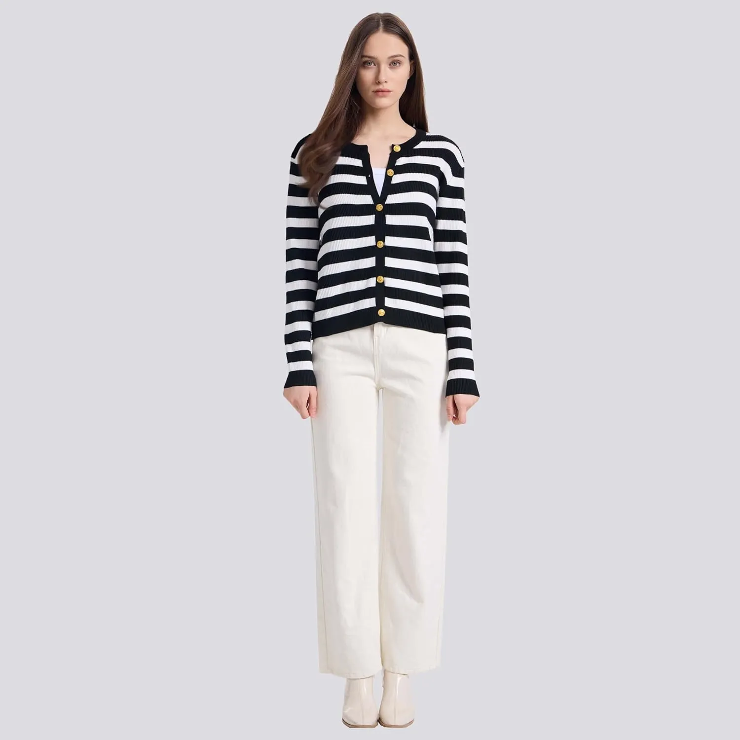 Women's Striped Cardigan Sweaters Lady Jackets Button Down Cropped Knit Coat Oufits Trendy Outerwear