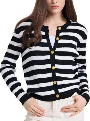 Women's Striped Cardigan Sweaters Lady Jackets Button Down Cropped Knit Coat Oufits Trendy Outerwear