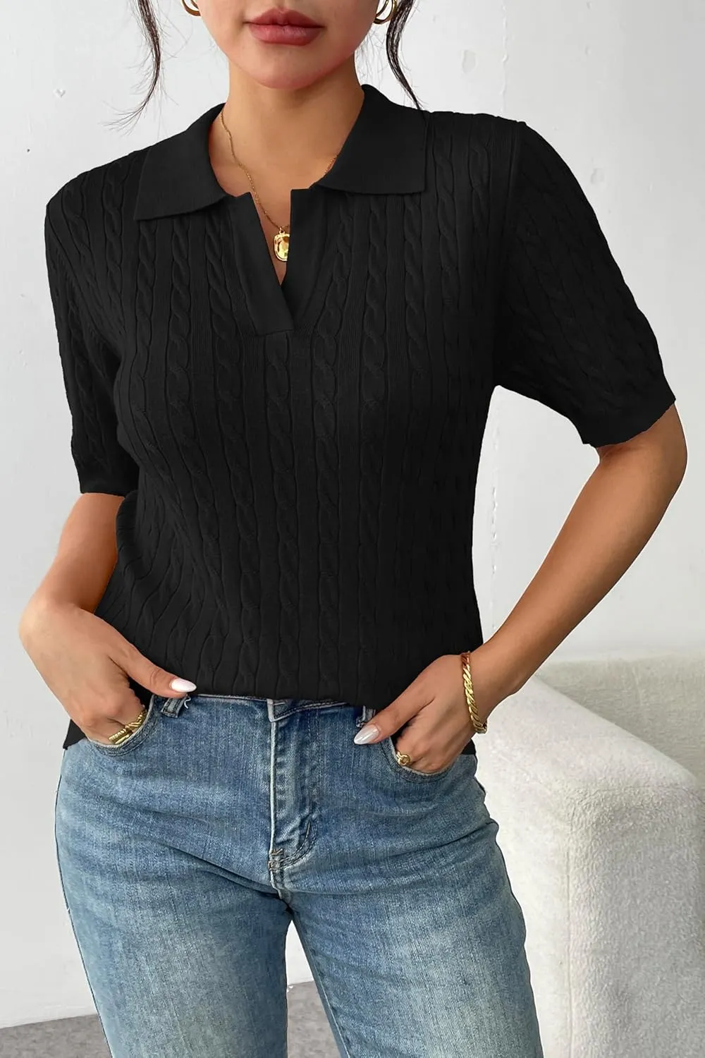 Zeagoo Women Short Sleeve Sweater Pullover Polo Tops V Neck Knit Casual Soft Pullover Shirt