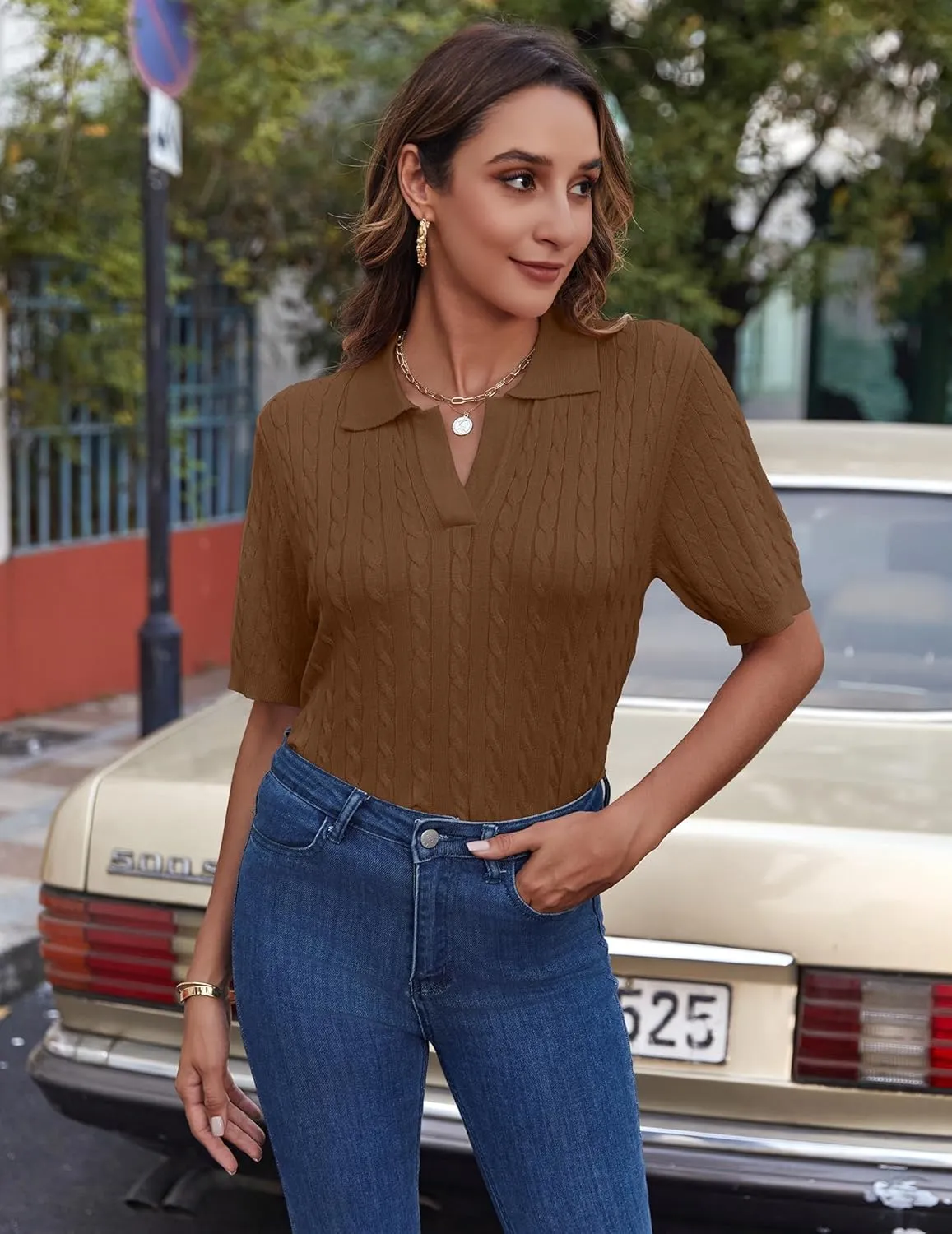 Zeagoo Women Short Sleeve Sweater Pullover Polo Tops V Neck Knit Casual Soft Pullover Shirt