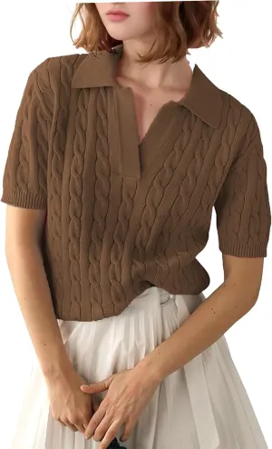 Zeagoo Women Short Sleeve Sweater Pullover Polo Tops V Neck Knit Casual Soft Pullover Shirt