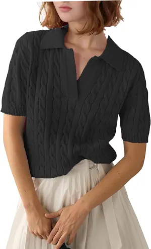 Zeagoo Women Short Sleeve Sweater Pullover Polo Tops V Neck Knit Casual Soft Pullover Shirt