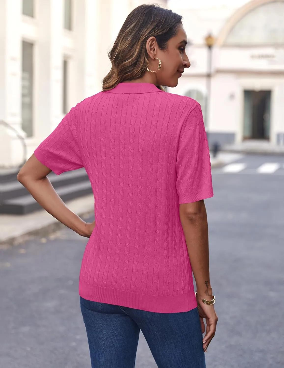Zeagoo Women Short Sleeve Sweater Pullover Polo Tops V Neck Knit Casual Soft Pullover Shirt