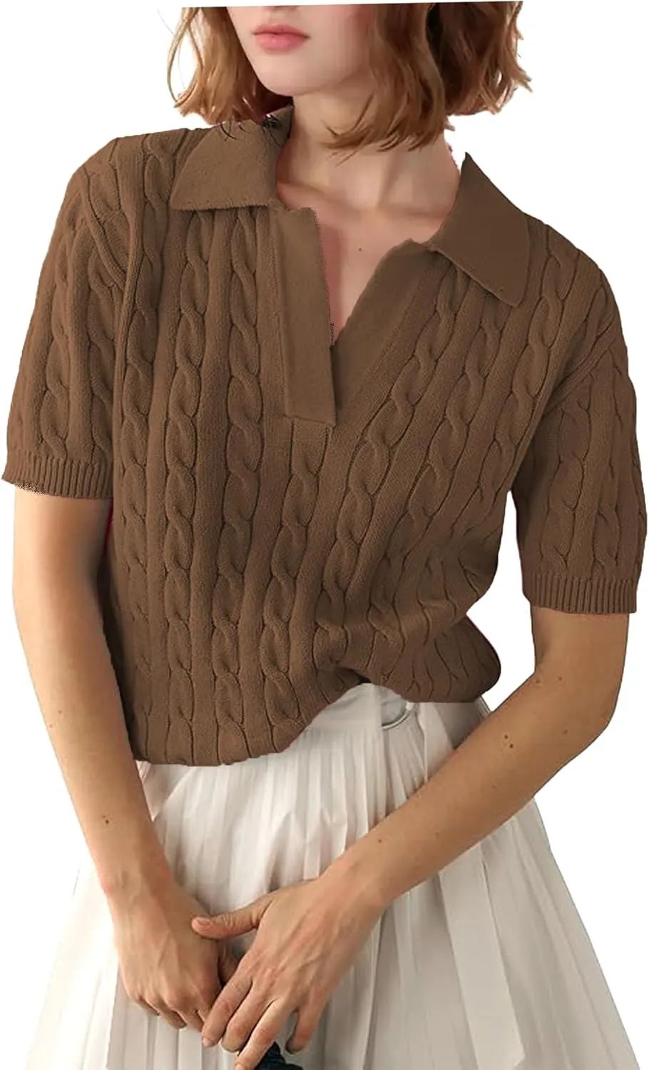 Zeagoo Women Short Sleeve Sweater Pullover Polo Tops V Neck Knit Casual Soft Pullover Shirt
